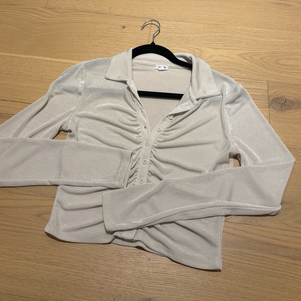 Garage Silver Shimmery Ruched Button-Down Top
